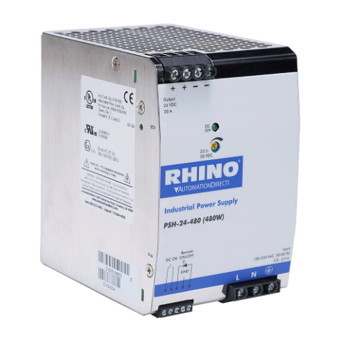 Switching Power Supply, 24 VDC At 20A/480W, 120/240 VAC Nominal Input, 1-Phase, Enclosed