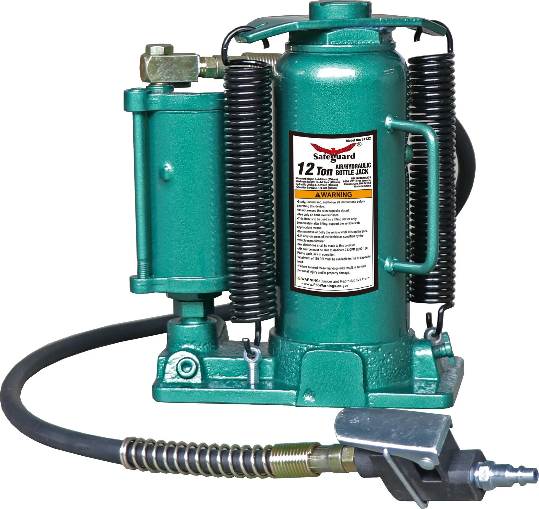 Air/Hydraulic Bottle Jack, Casted Base, Steel, 12 Ton Capacity