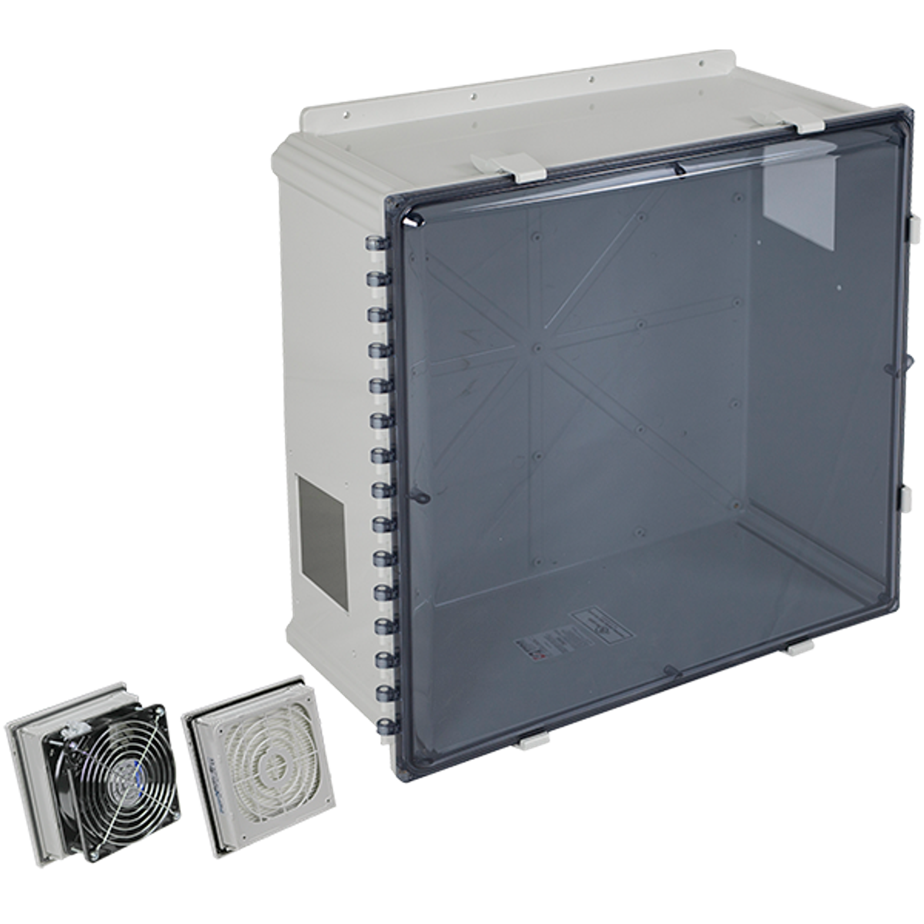 Polycarbonate Enclosure With Filter Fan, 24 x 24 x 10 Inch Size, Tinted