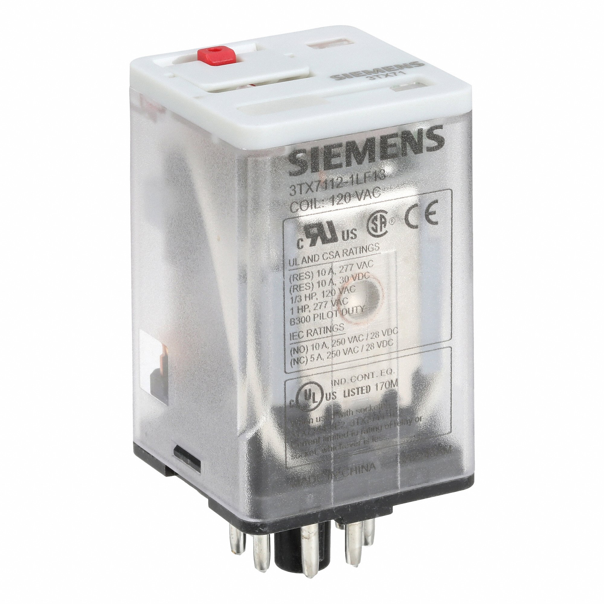 SIEMENS 3TX7112-1LF13 Plug-In Relay, Socket Mounted, 10 A Current Rating, 120VAC, 8 Pins/Terminals, DPDT | CP4MBU 330L49