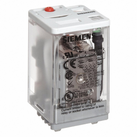 SIEMENS 3TX71155DF13C Plug-In Relay, Socket Mounted, 10 A Current Rating, 120VAC, 8 Pins/Terminals, DPDT | CP4MBQ 56JX45