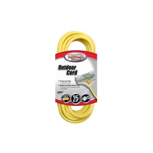 Extension Cord, 12 AWG, 12/3, 3 Outlets, Yellow, 25 ft Cord Length
