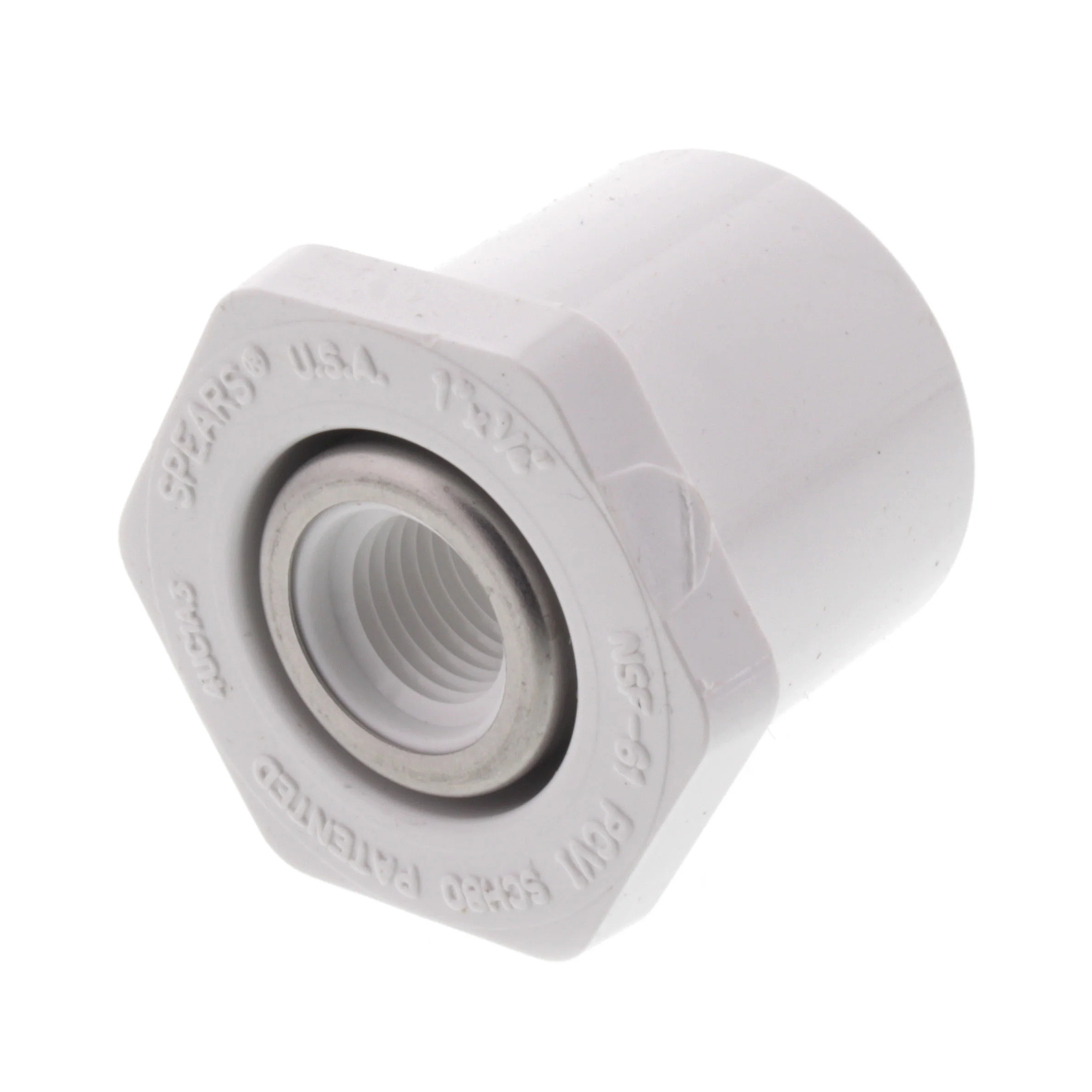 SPEARS VALVES 438-128SR Special Reinforced Reducer Bushing, Spigot x FPT, With SS Ring, 1 x 1/4 Size, PVC | BU7KND