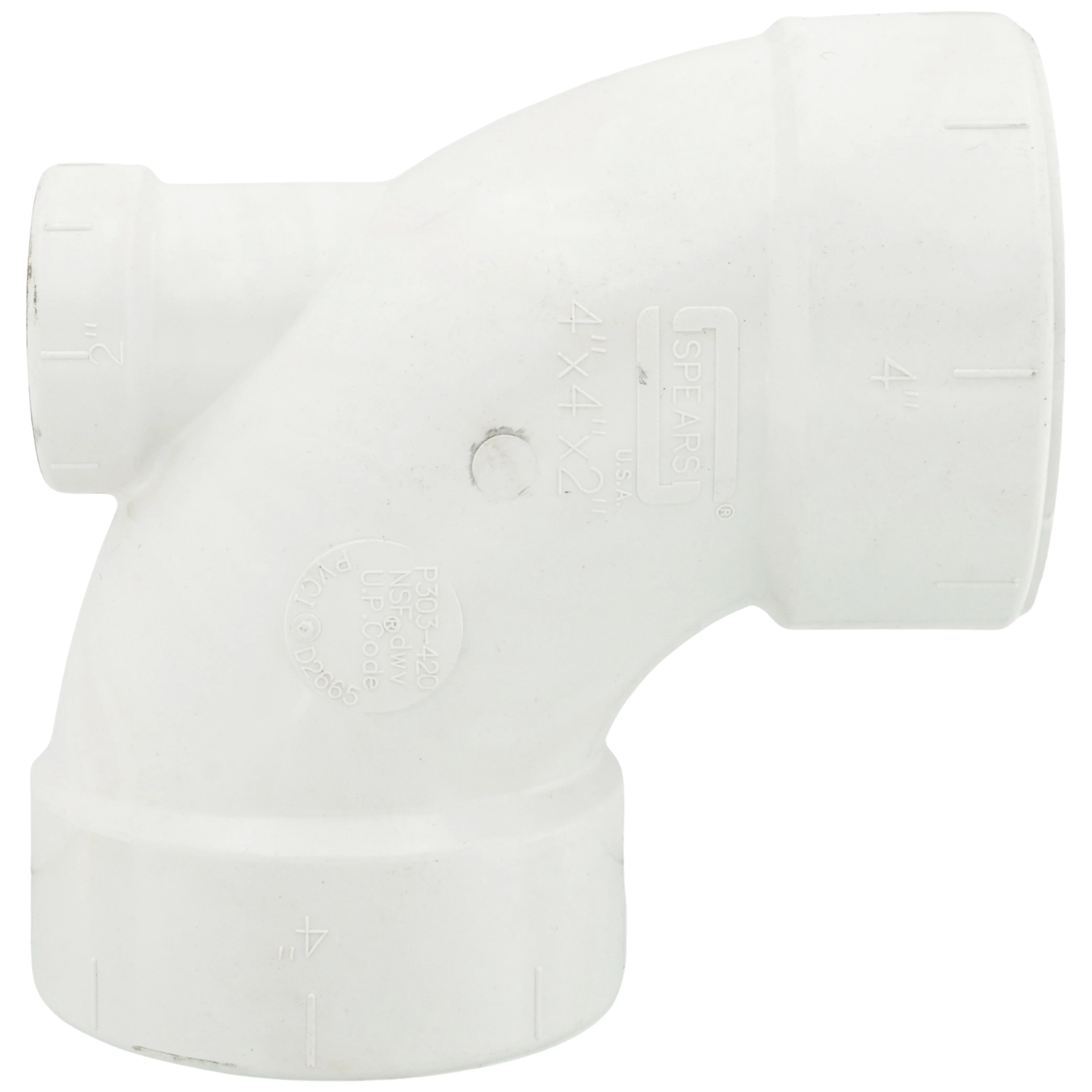 SPEARS VALVES P303-420 Drain Waste Vent, 1/4 Bend, Low Hub Inlet, Hub x Hub x Hub, 4 x 4 x 2 Size, PVC | BU7ZYL