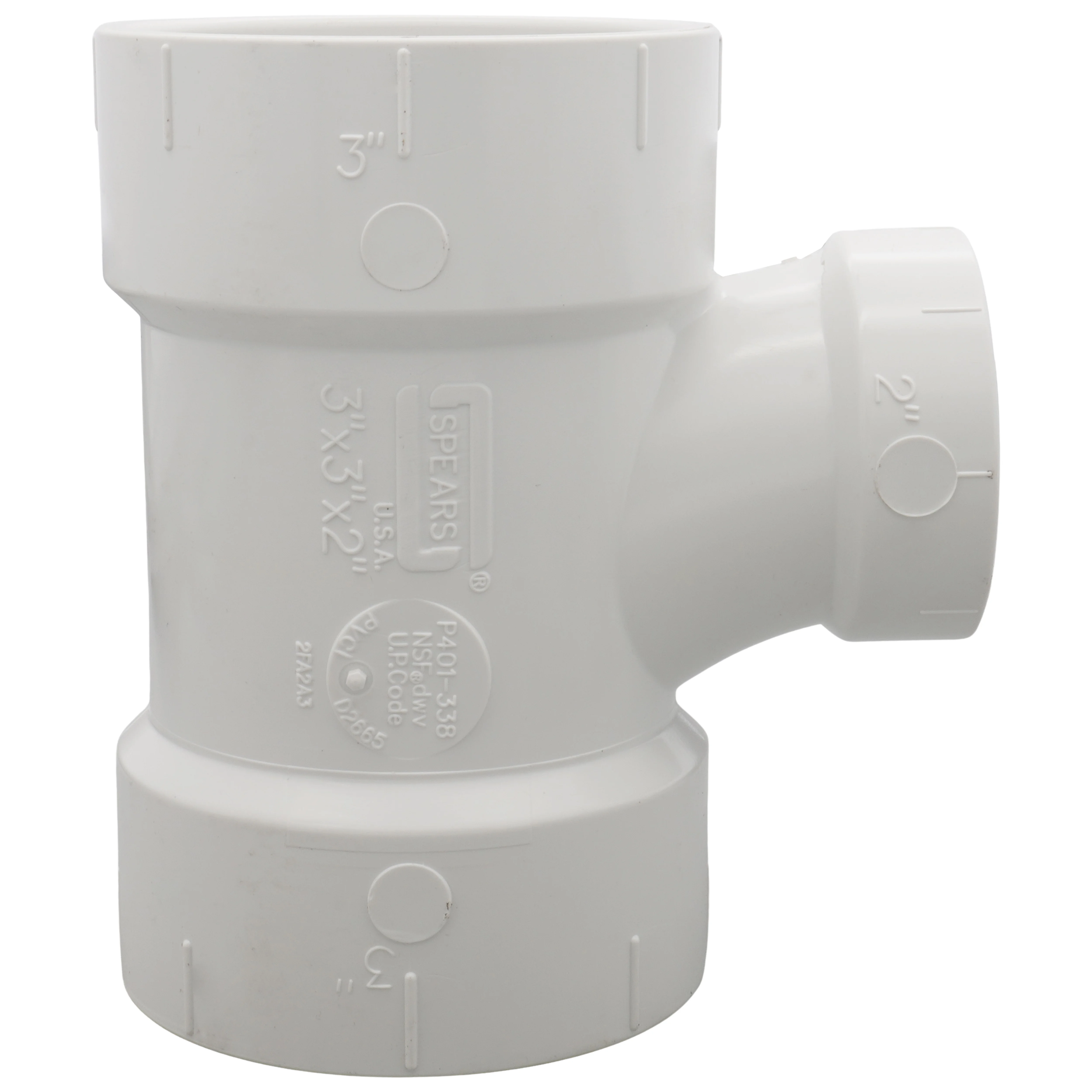 SPEARS VALVES P401-338 Reducer Sanitary Tee, Hub x Hub x Hub, 3 x 3 x 2 Inch Size, PVC | BU7HNX