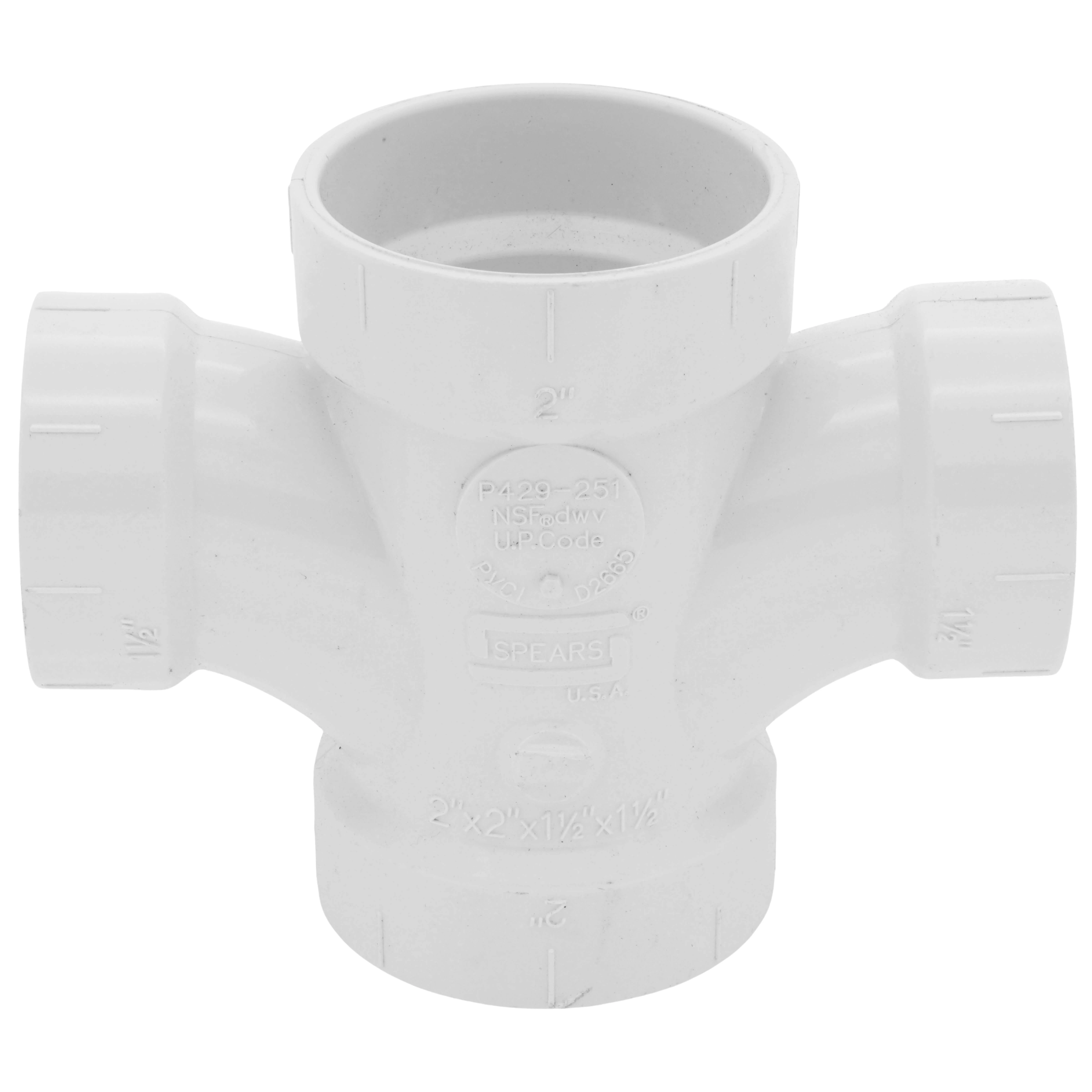 SPEARS VALVES P429-251 Double Sanitary Tee, Hub x Hub x Hub x Hub, 2 x 2 x 1-1/2 x 1-1/2 Size, PVC | BU7JWY