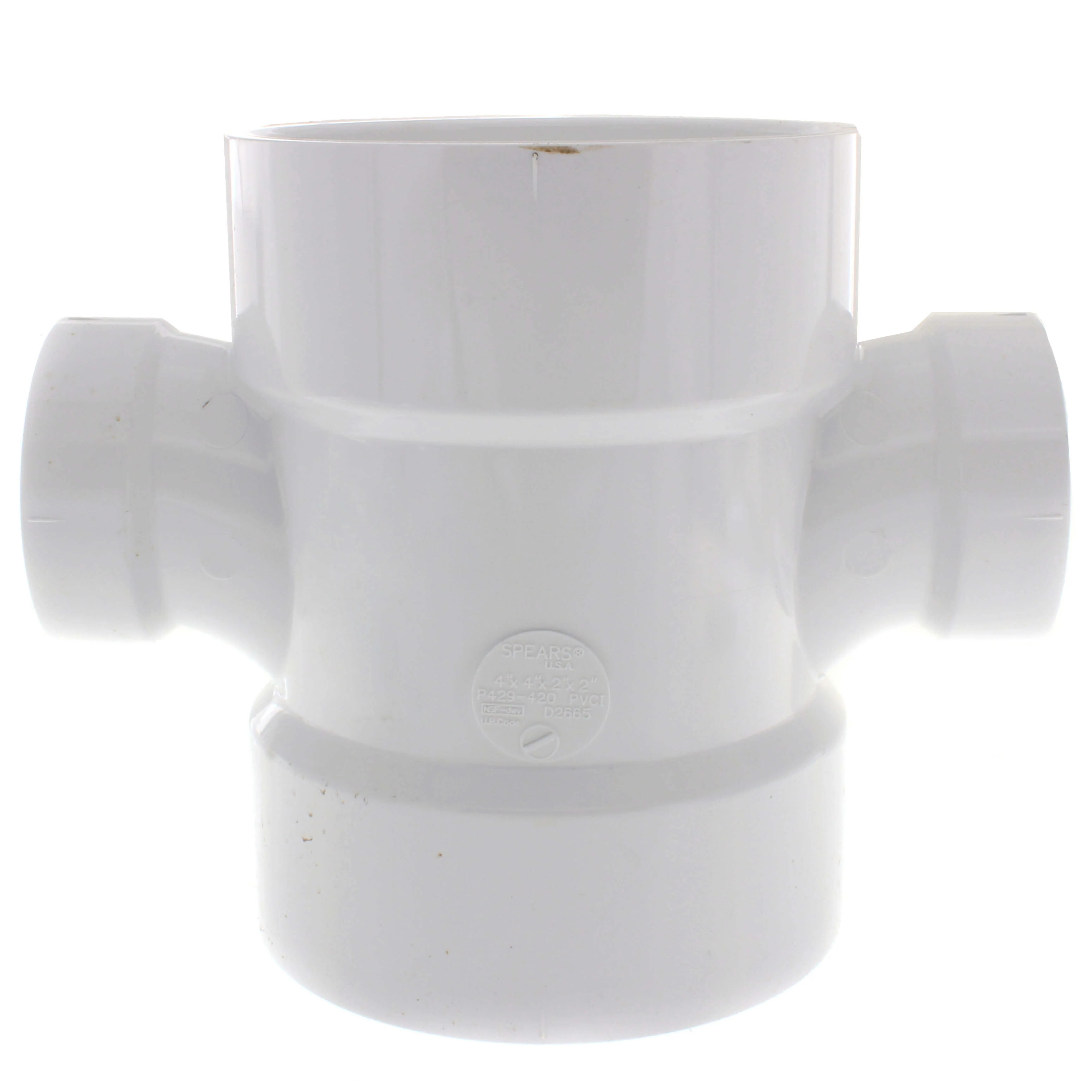 SPEARS VALVES P429-420 Double Sanitary Tee, Reducer, Hub, 4 x 4 x 2 x 2 Inch Size, PVC | BU7MBG