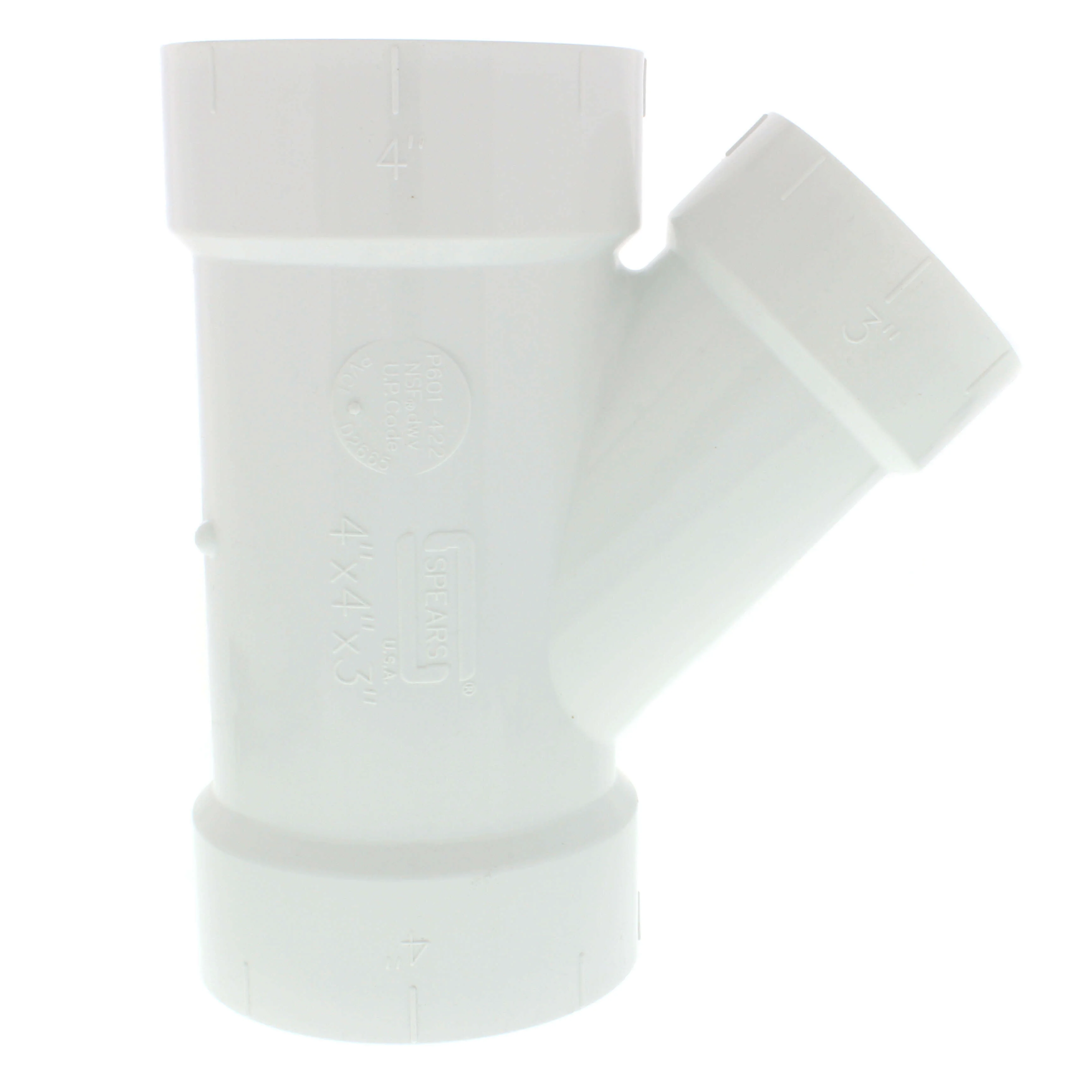 SPEARS VALVES P601-422 Drain Waste Vent Reducer Wye, Hub x Hub x Hub, 4 x 4 x 3 Size, PVC | BU7JCE