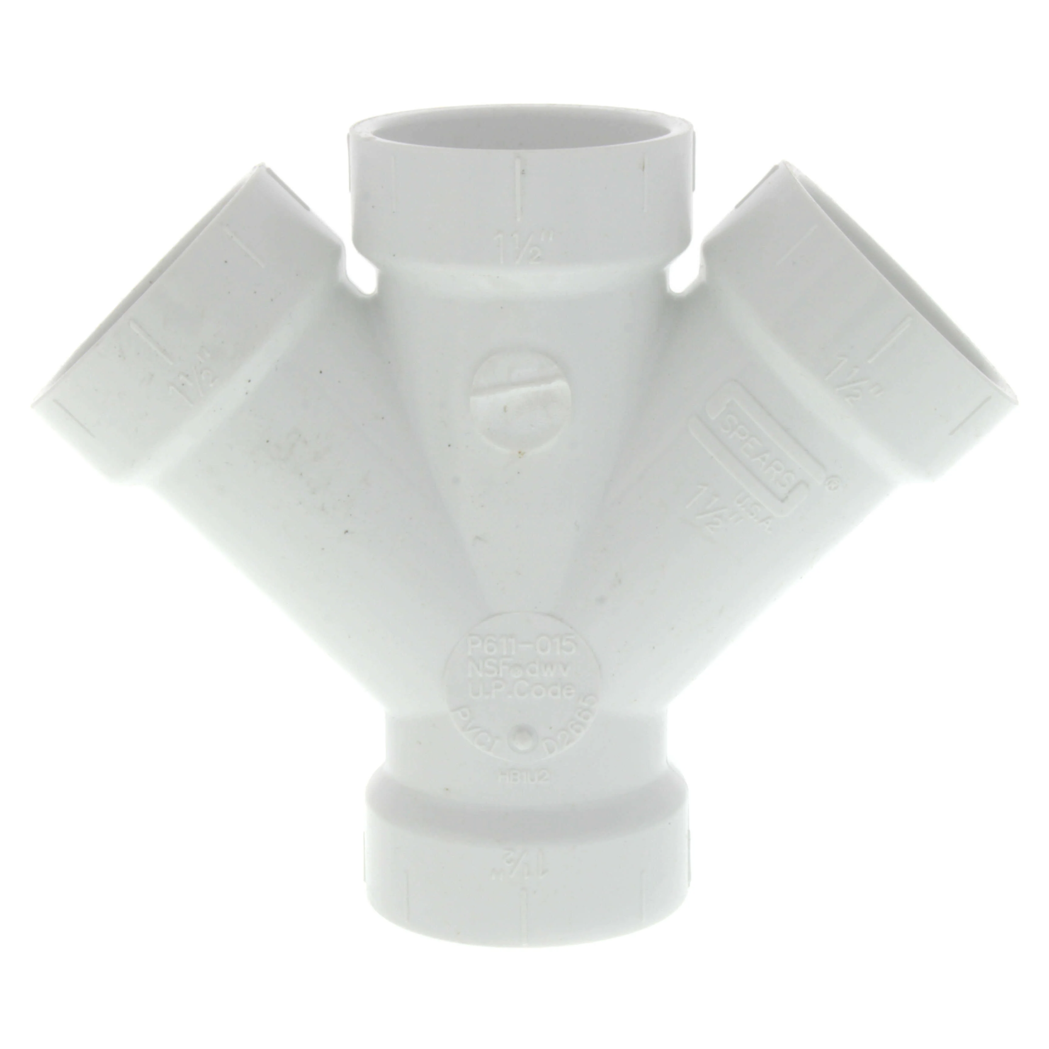 SPEARS VALVES P611-015 Drain Waste Vent Double Wye, Hub x Hub x Hub x Hub, 1-1/2 Size, PVC | BU7KDG