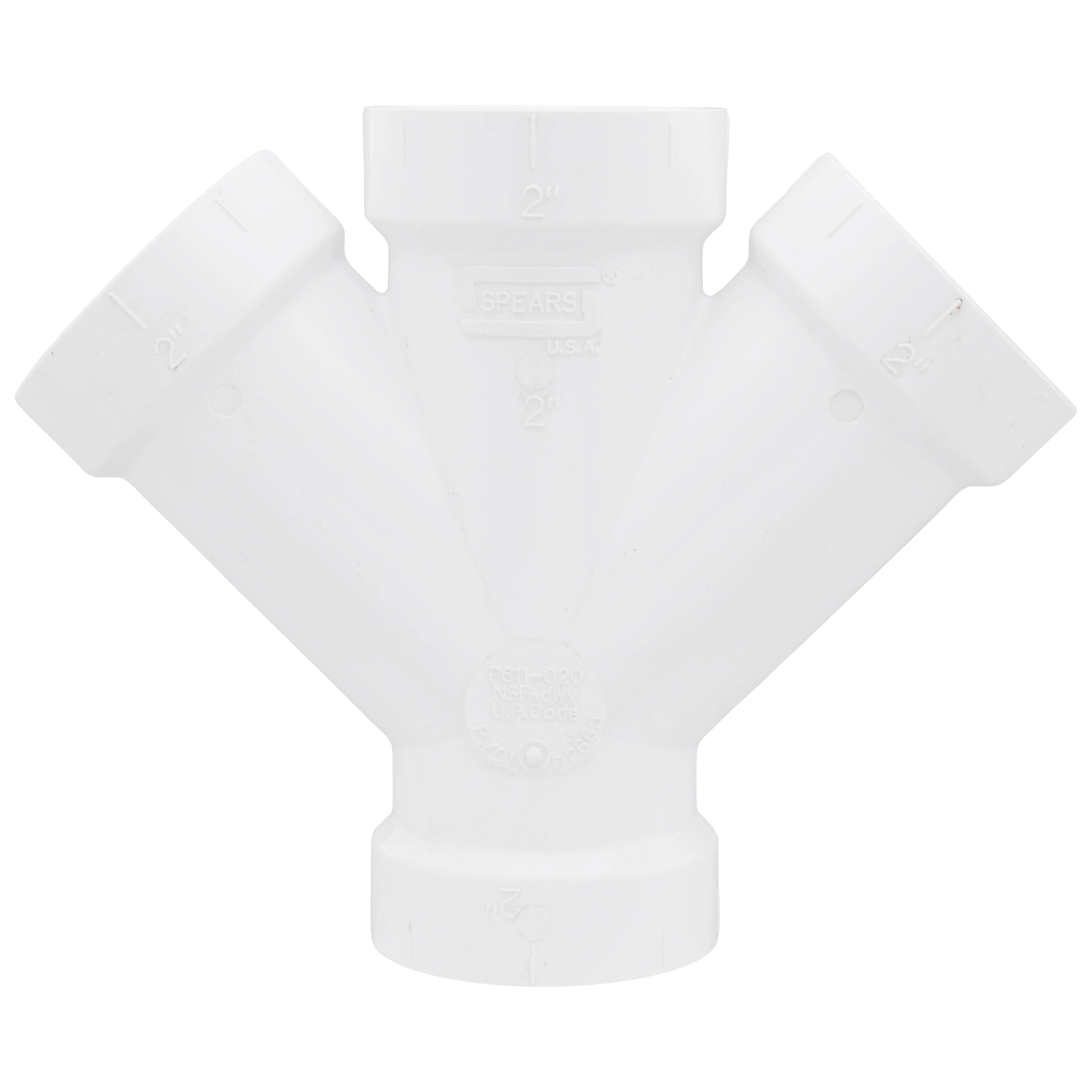SPEARS VALVES P611-020 Drain Waste Vent Double Wye, Hub x Hub x Hub x Hub, 2 Size, PVC | BU7KKJ