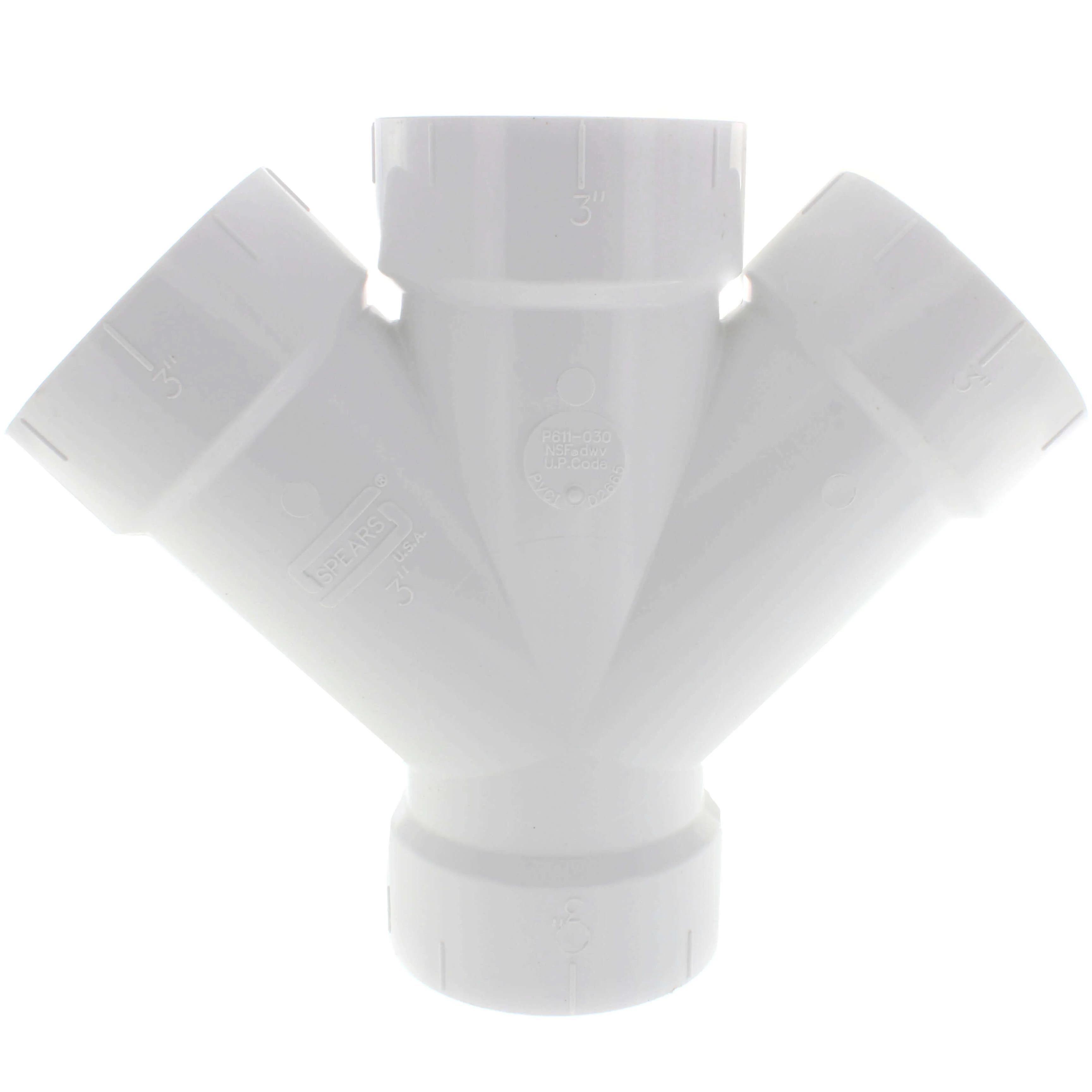 SPEARS VALVES P611-030 Drain Waste Vent Double Wye, Hub x Hub x Hub x Hub, 3 Size, PVC | BU7KBK