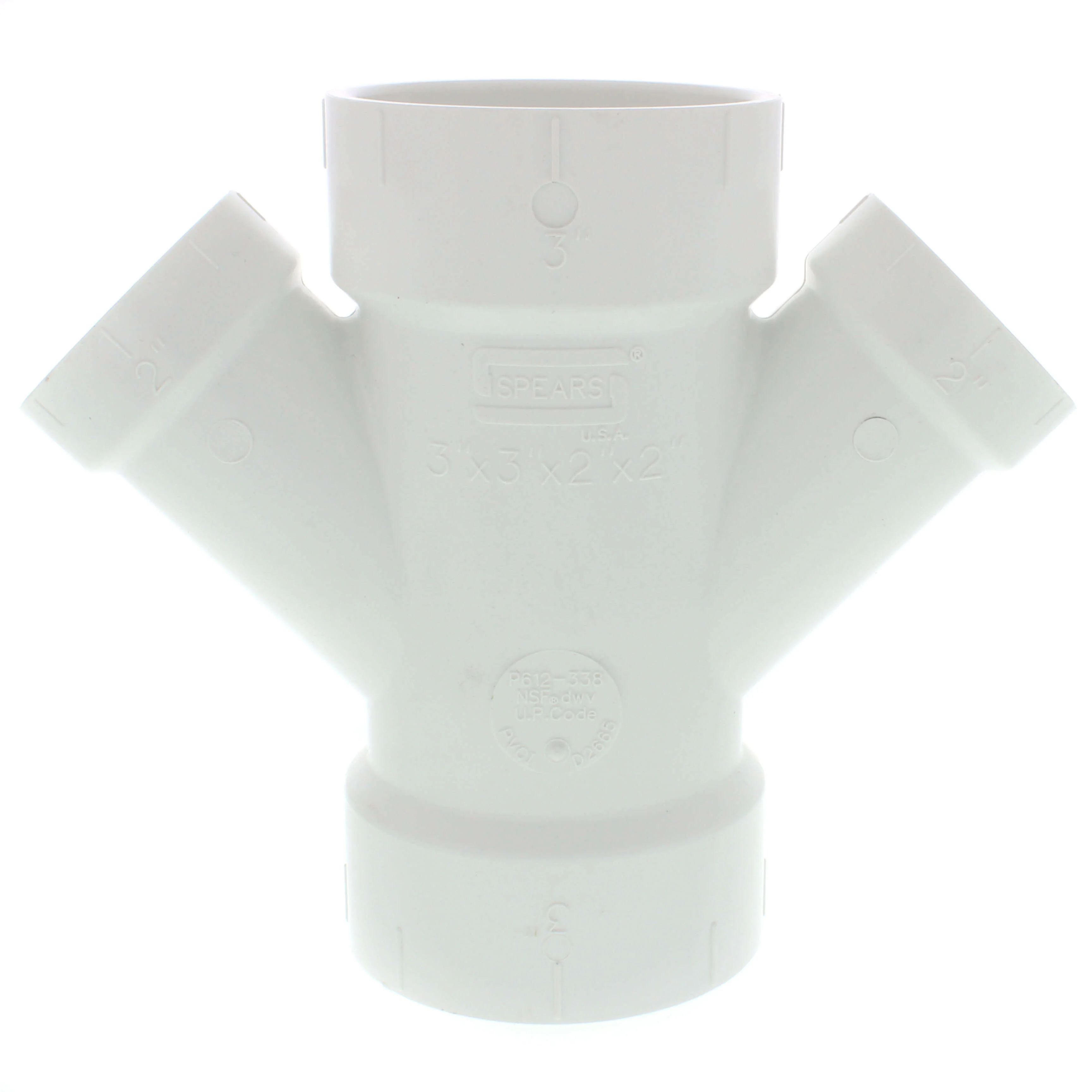 SPEARS VALVES P612-338 Drain Waste Vent Double Wye, Hub x Hub x Hub x Hub, 3 x 3 x 2 x 2 Size, PVC | BU8AZM