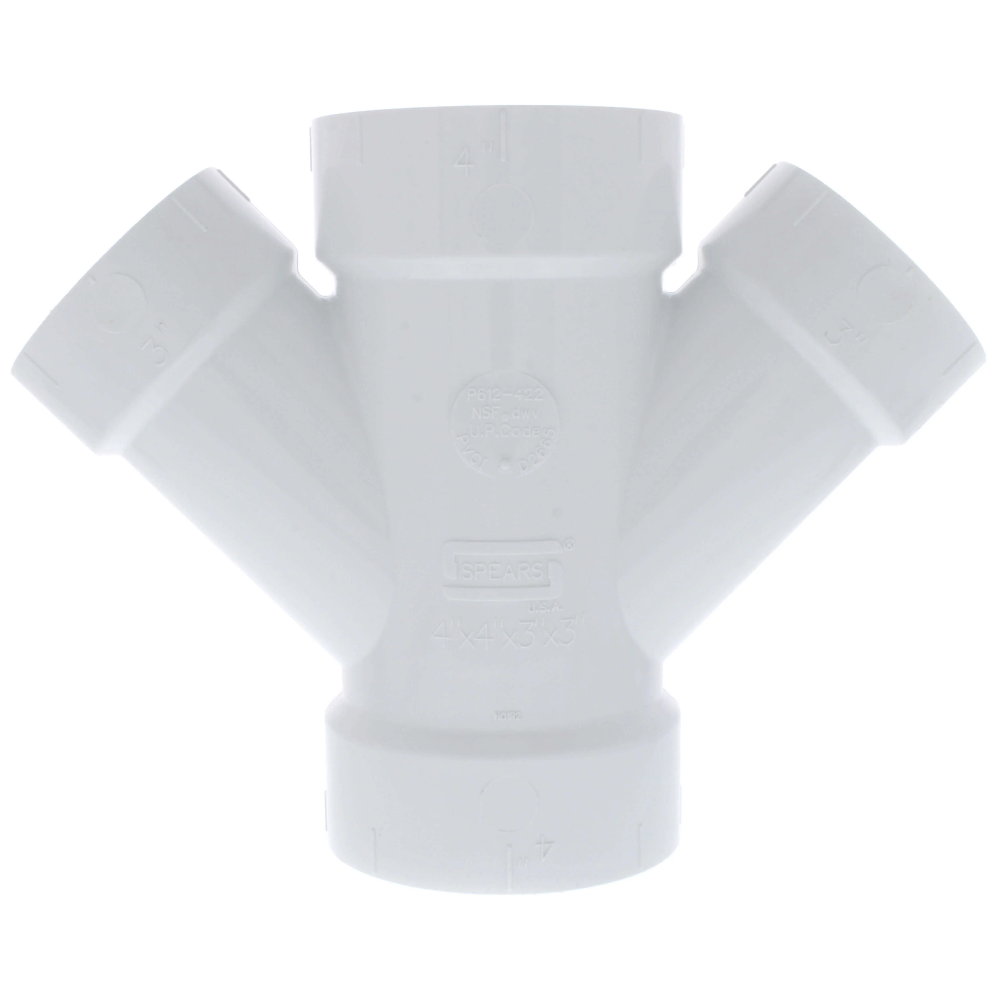 SPEARS VALVES P612-422 Double Reducer Wye, Hub x Hub x Hub, 4 x 4 x 3 x 3 Size, PVC | BU8AZN