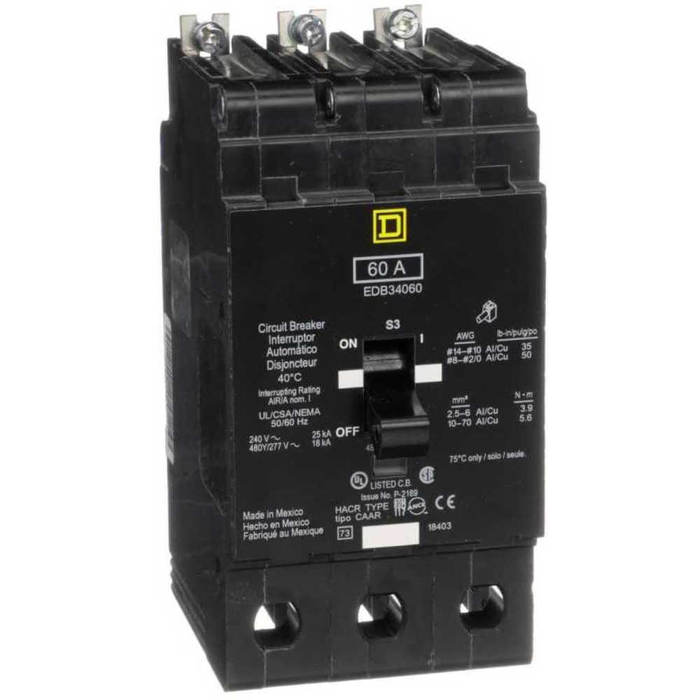 SQUARE D EDB34060 Circuit Breaker, Bolt-On, 60 A, 3 Pole, 18 kAIC @ 277 VAC | AG6QCH 3TW45
