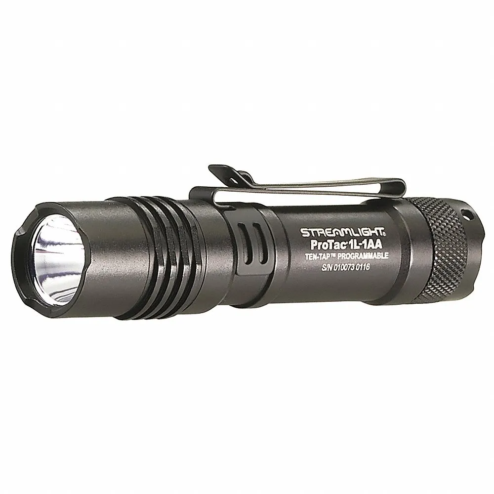 Flashlight, 350 lm Max Brightness, 1.5 hr Run Time at Max Brightness, Black, Aluminum