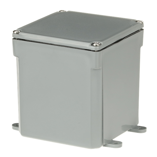 Molded non-metallic junction box with feel cut off, 4 inch x 4 inch x 2 inch