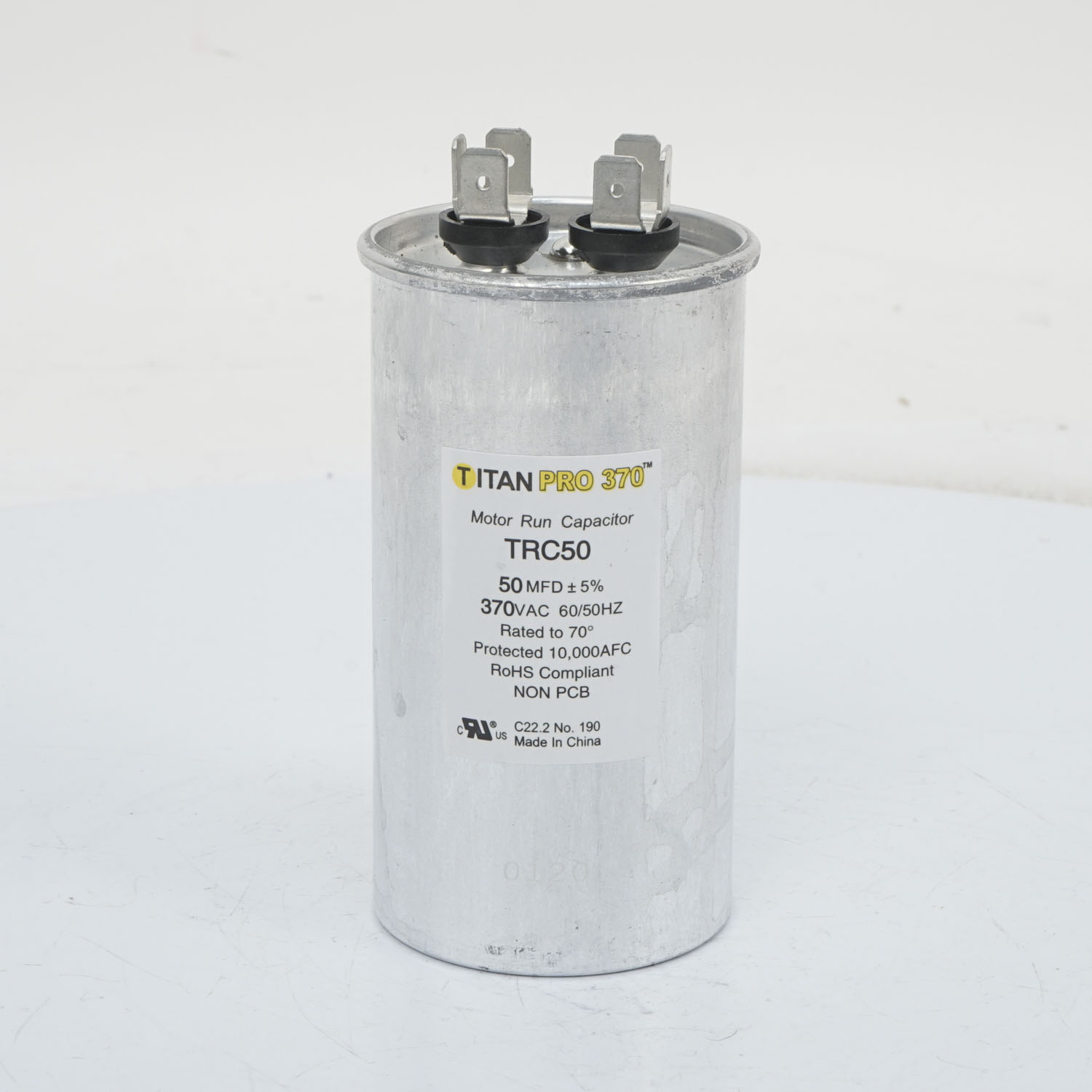 Motor Run Capacitor, 370V, 50 MFD, Round, Aluminium, 50/60 Hz