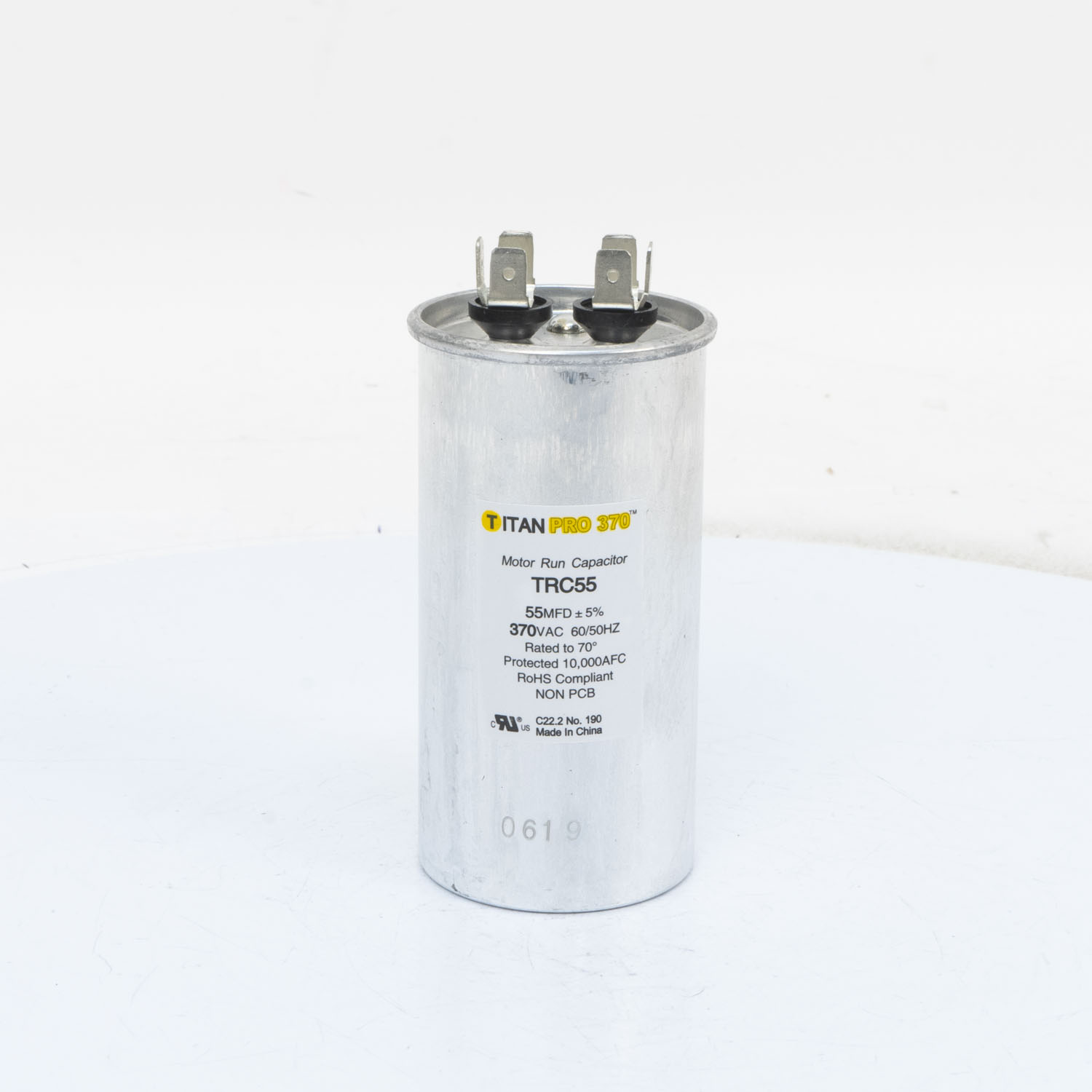 Motor Run Capacitor, 370V, 55 MFD, Round, Aluminium, 50/60 Hz