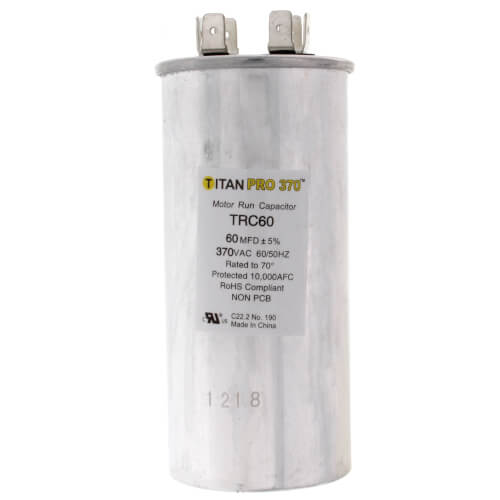 Motor Run Capacitor, 370V, 60 MFD, Round, Aluminium, 50/60 Hz