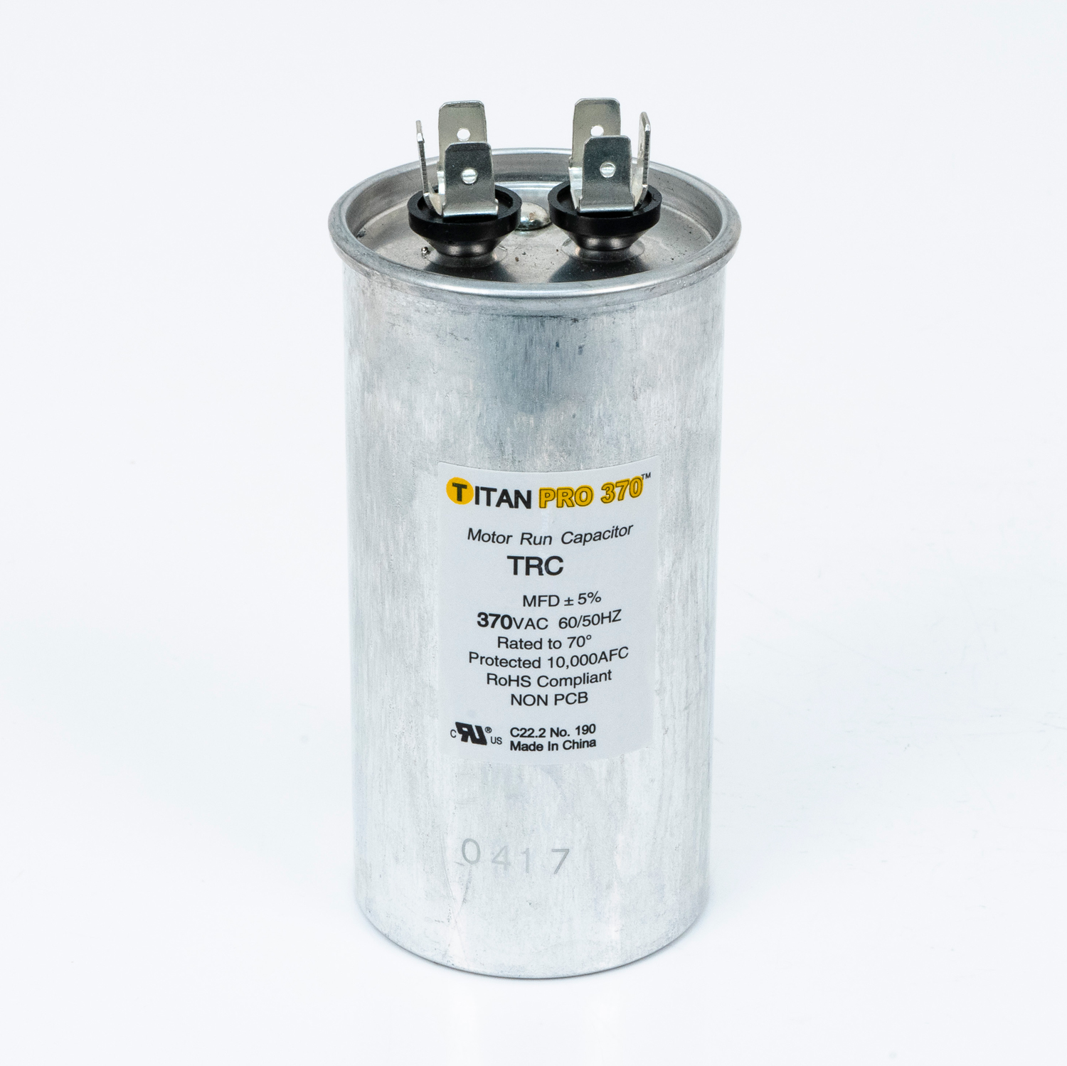 Motor Run Capacitor, 370V, 70 MFD, Round, Aluminium, 50/60 Hz