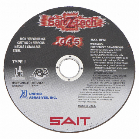 UNITED ABRASIVES-SAIT 23824 Abrasive Cut-Off Wheel, 4 1/2 Inch Abrasive Wheel Dia, Zirconia Alumina | CU7EVF 1AUE1