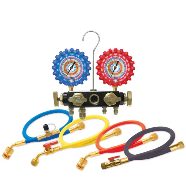 4 Valve Brass Manifold, 3-1/8 Inch Gauge Size, Anti-blowback Barrier Hose Set, 5 Feet Length