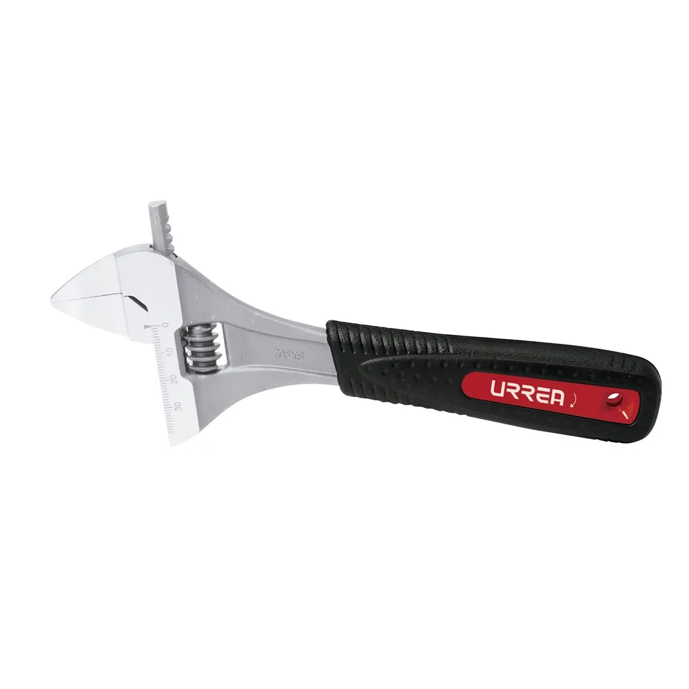 Wide opening adjustable wrench with low profile jaw
