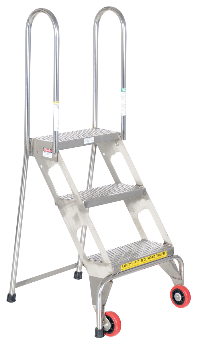 VESTIL FLAD-3-SS Folding 3-Step Ladder with Wheels, Stainless Steel | AG7TCU
