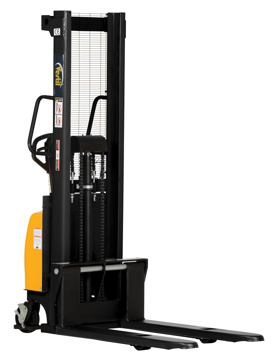 Steel Hand Pump DC Power Stacker with Fixed Forks and Legs 63 Inch Raised Height 2000 lb Cap, Black/Yellow