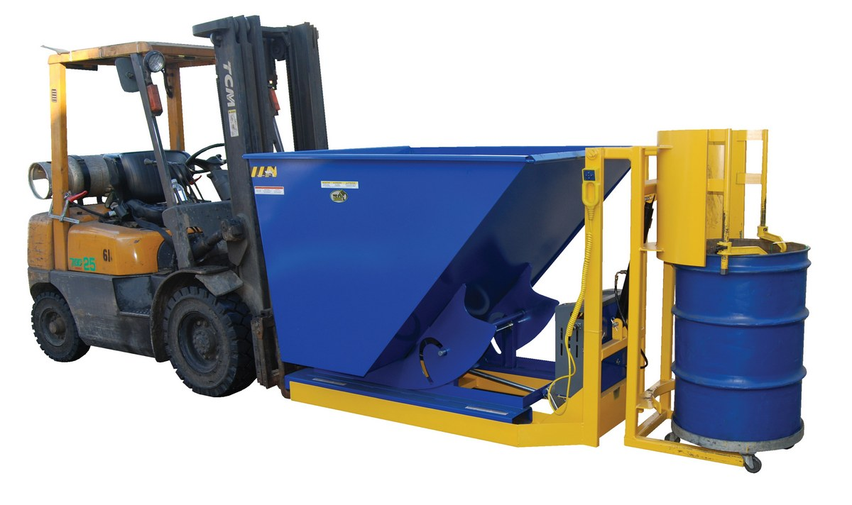 Steel Trash Drum Dumper, DC Powered 12 Volt, 400 lb Capacity, Yellow