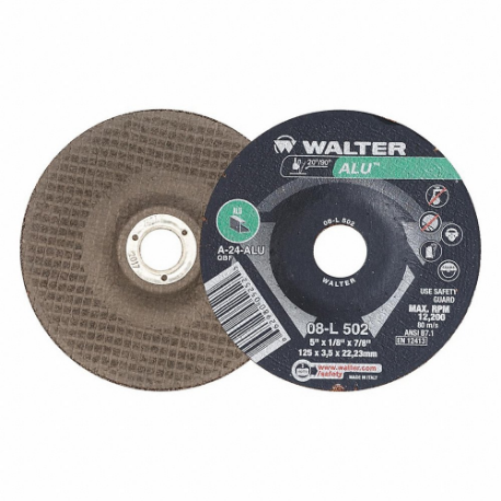 WALTER SURFACE TECHNOLOGIES 08L502 Cut-Off & Grinding Wheel, Type 27, 5 Inch X 1/8 Inch X 7/8 Inch, Aluminum Oxide, 24 Grit | CU9CET 807YY6
