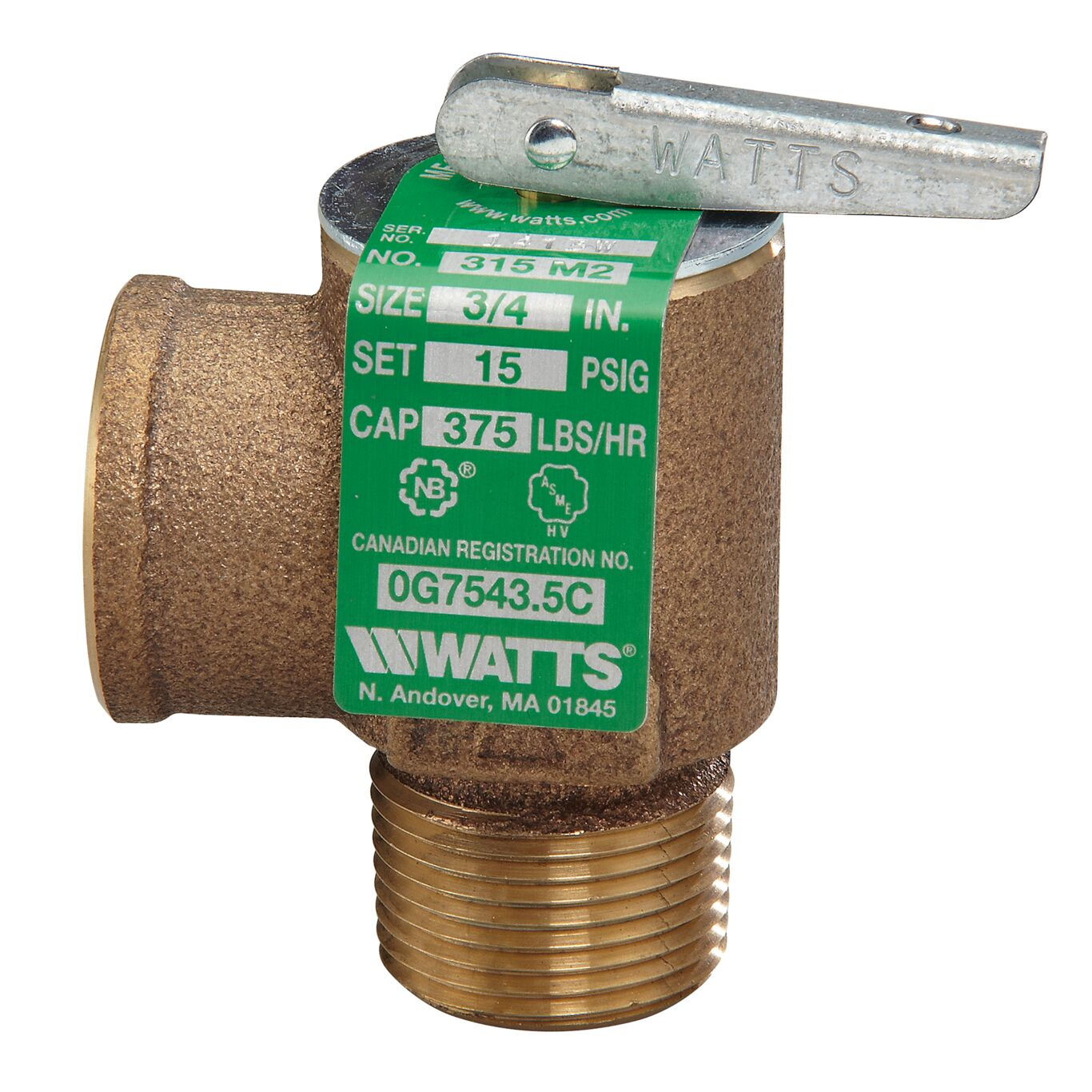 WATTS 315M2-015 Steam Safety Relief Valve, 3/4 Inch Inlet, 15 Psi Relief Pressure | BP4QTZ 0342629