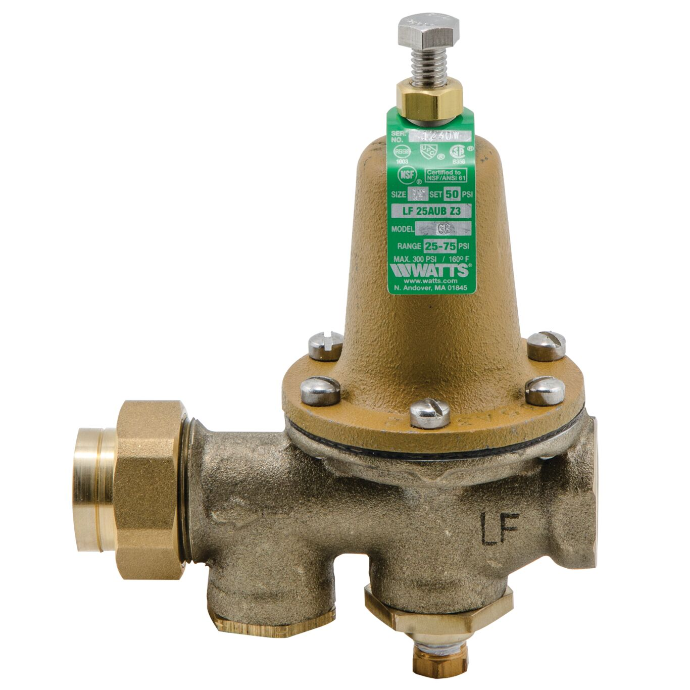 Water Pressure Reducing Valve, NPT x NPT, 3/4 Inch Pipe Size, 50 PSI, Copper Silicon Alloy
