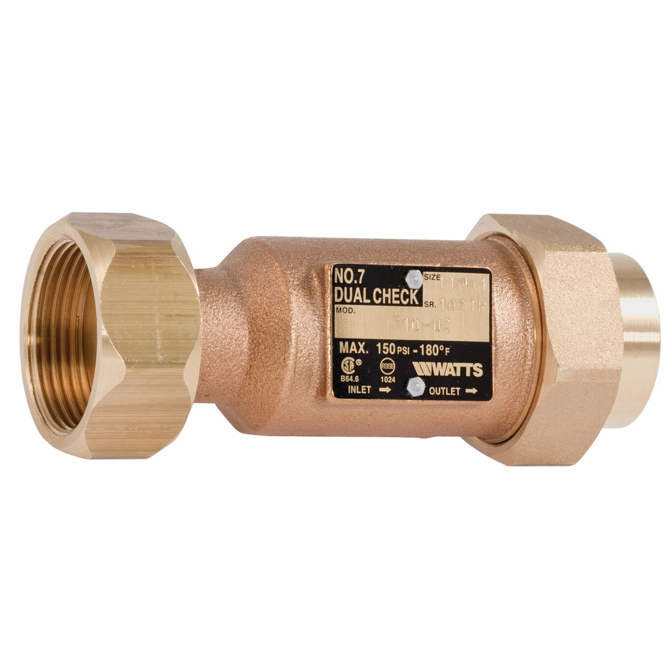 WATTS LF7-10-U2 1 1/4X1 Dual Check Valve, Inline, Swivel Joint, 1 1/4 Inch Size, Bronze | BY8ETN 0792066