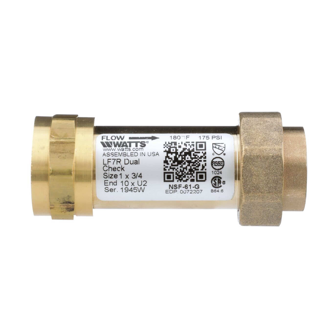 WATTS LF7R10-U2 1 X 3/4 Residential Dual Check Valve, Inline, 1 Inch Size, Brass | CA3XTE 0072207