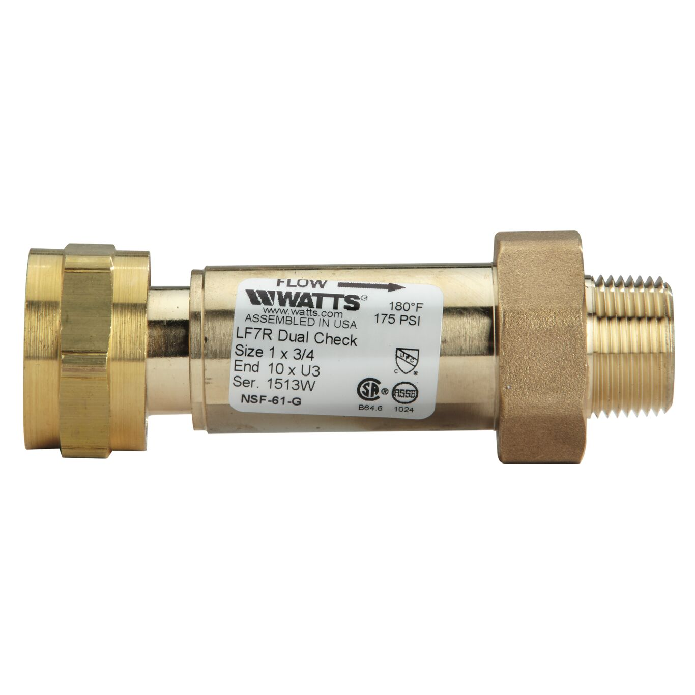 WATTS LF7R10-U3 1 X 3/4 Residential Dual Check Valve, Inline, 1 Inch Size, Brass | CA3XTH 0072208