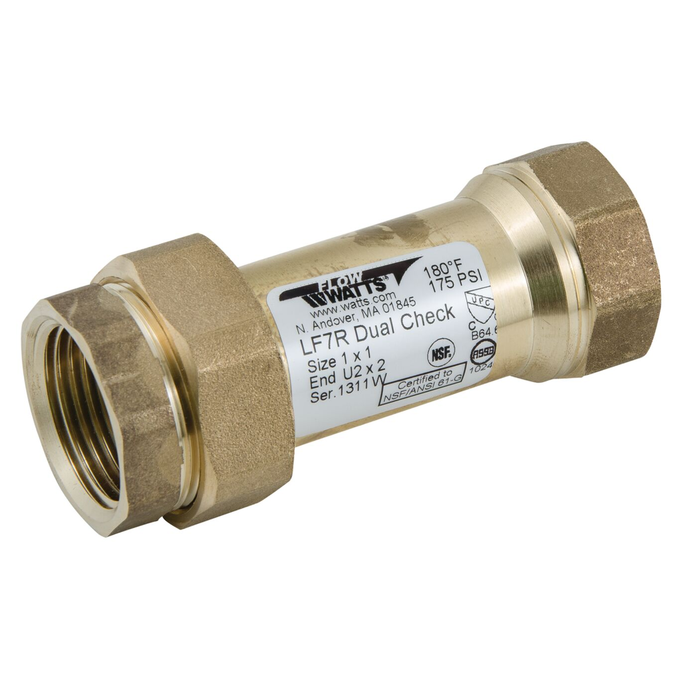 WATTS LF7RU2-2 3/4 X 1 Residential Dual Check Valve, Inline, 3/4 Inch Size, Brass | CA3XTL 0072212