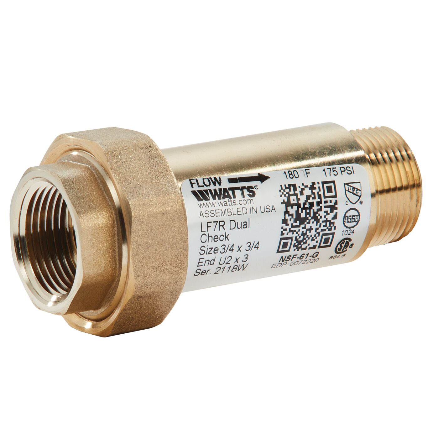 WATTS LF7RU2-3 3/4 X 3/4 Residential Dual Check Valve, Inline, 3/4 Inch Size, Brass | CA3XTN 0072220