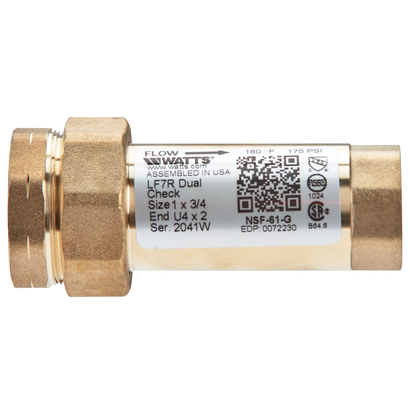 WATTS LF7RU4-2 1 X 3/4 Residential Dual Check Valve, Inline, 1 Inch Size, Brass | CA7ZVU 0072230
