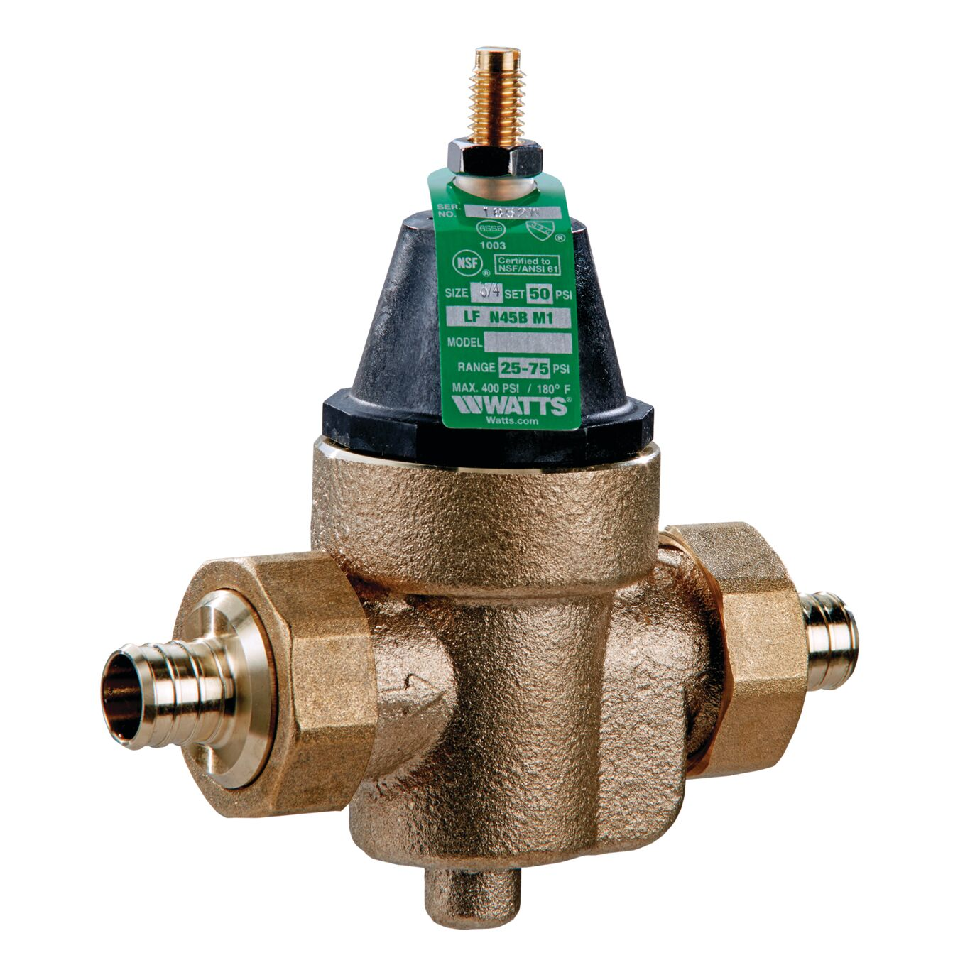 WATTS LFN45BM1-DU-PEX X PEX Water Pressure Reducing Valve, Range 25 to 75 Psi, Size 3/4 Inch, Copper Silicon | AH6VXL 36JA78