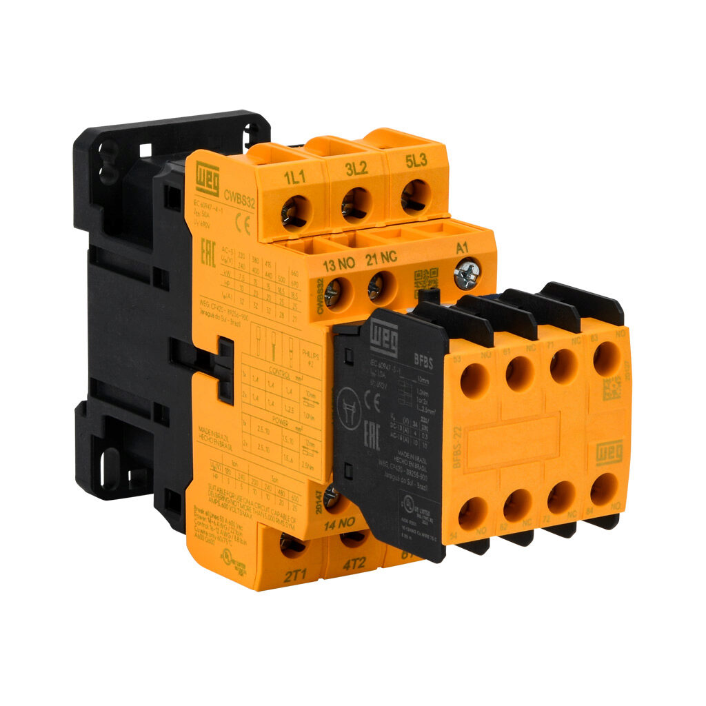 WEG CWBS32-33-30D02 Iec Safety Contactor, 32A, 3 N.O. Power Poles, 3 N.O./3 N.C. Safety Auxiliary Contacts | CV6NTH