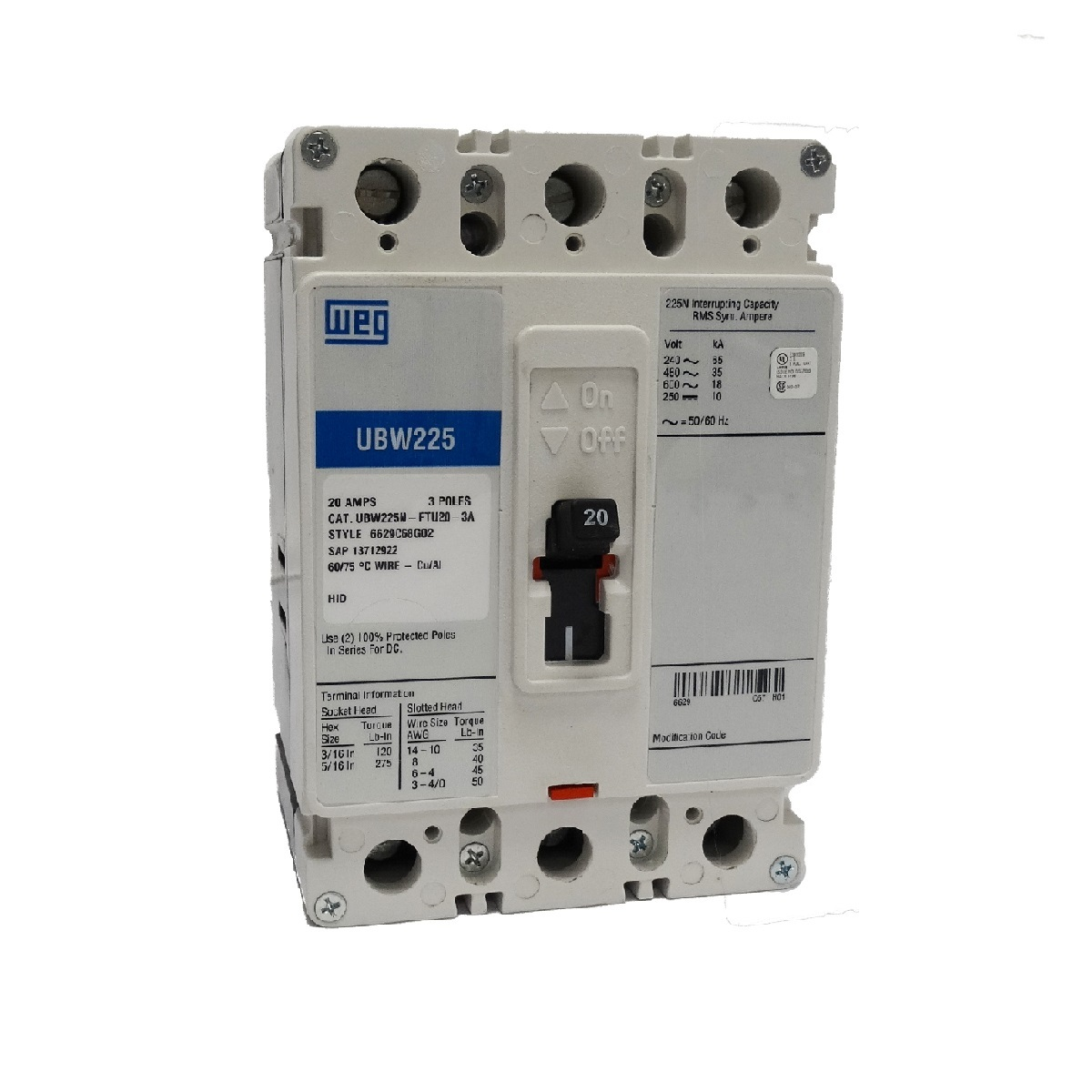 Circuit Breaker, 225 Frame, Fixed Thermal and Magnetic Trip, 35.0 kA Breaker Interruption Capacity at 480 VAC, 80.0 A