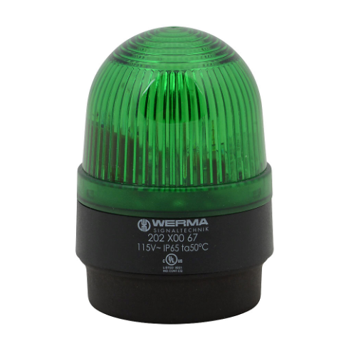 WERMA 20220067 Industrial Signal Beacon, 58mm, Green, Flashing Strobe, IP65, Base Mount, 115 VAC | CV6LVK