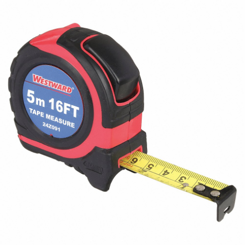 Tape Measure, Inch/Metric, Nonmagnetic Single Hook Tip, Plastic With Rubberized Grip, Auto