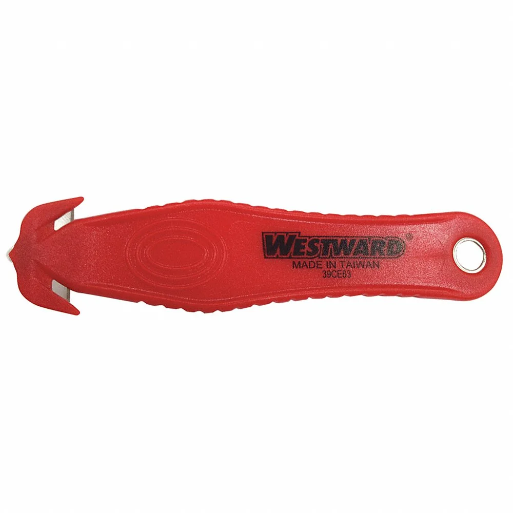 WESTWARD 39CE83 Safety Cutter, 5 3/8 Inch Length, Contoured Handle, Plain, Stainless Steel, Red, 10 PK | CU9XLH