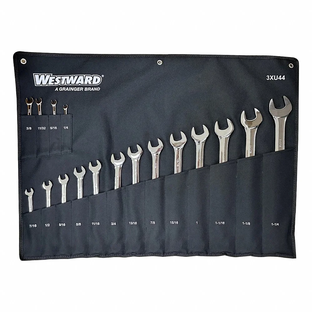 WESTWARD 3XU44 Combination Wrench Set, Alloy Steel, Chrome, 17 Tools, 15 Deg Head Offset Angle, Offset | CU9XGB