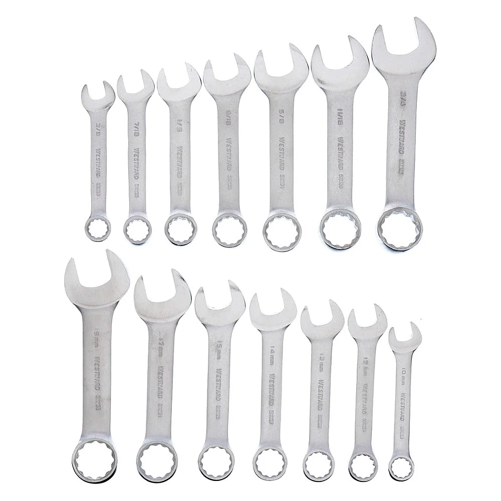 WESTWARD 4YR24 Combination Wrench Set, Alloy Steel, Satin, 14 Tools, 15 Deg Head Offset Angle, Offset | CU9XFV