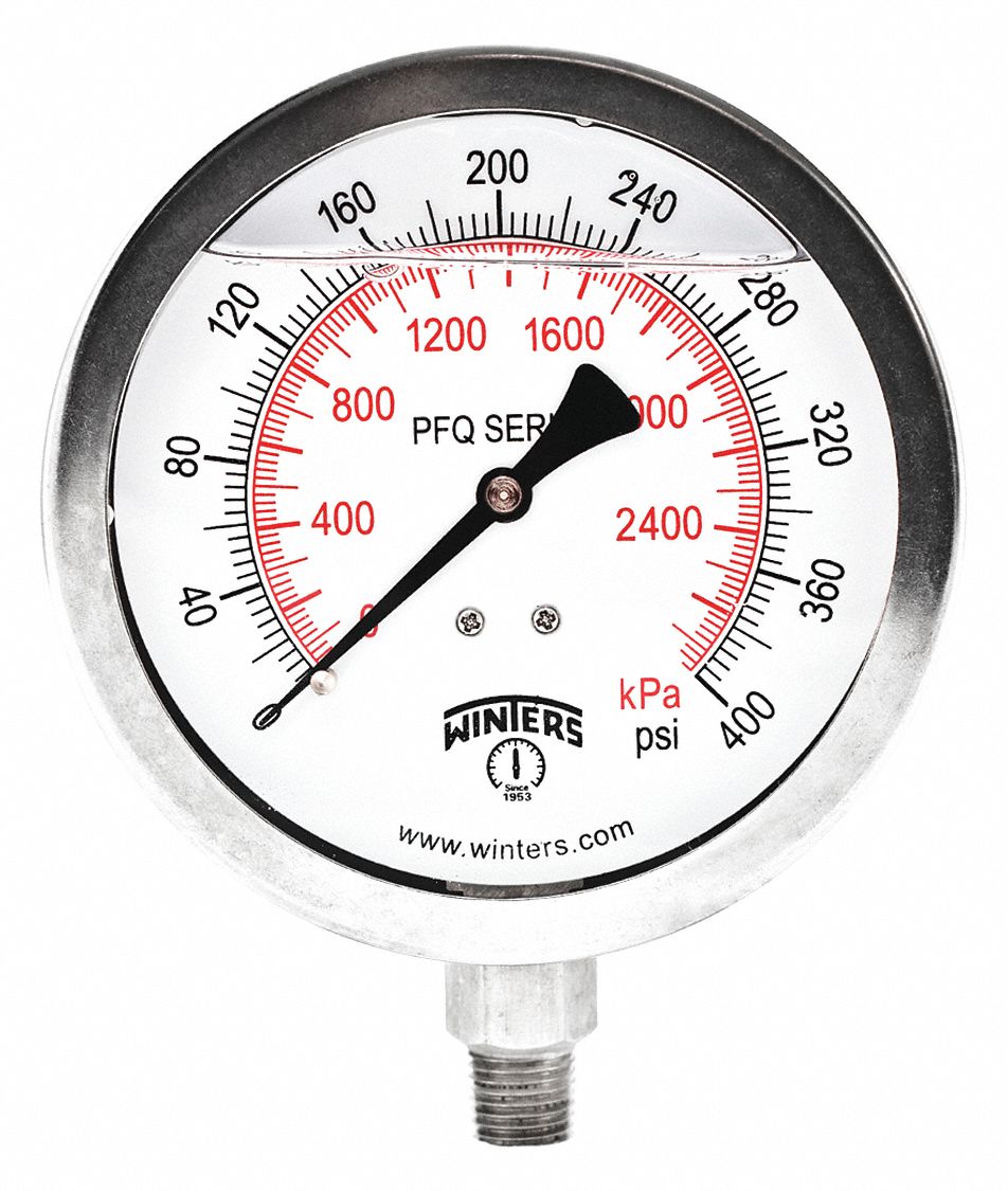 WINTERS INSTRUMENTS PFQ775-DRY Pressure Gauge, 0 To 400 Psi Range, 1/4 Inch MNPT, +/-1.5% Gauge Accuracy | CH6RDD 491F43